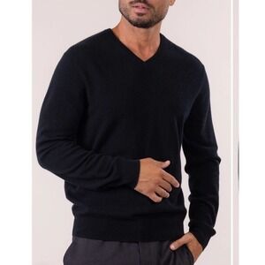 TSE Mens Cashmere Knit V-Neck Long Sleeve Pullover Sweater Black Size L Preppy